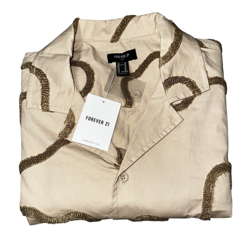 Forever 21 Men's M Shirt NWT Taupe Brown Abstract Woven Textured Short Sleeve‎